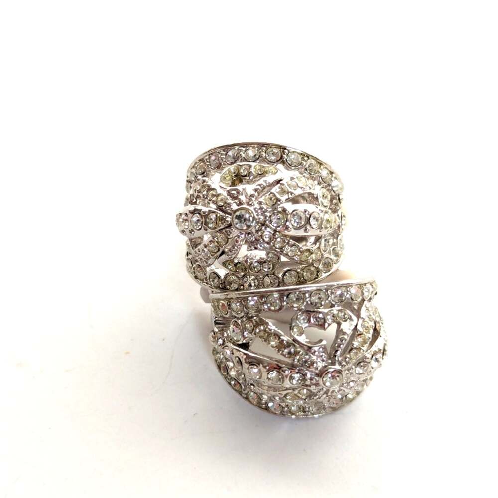 Stunning Silver Tone Pave Glass Rhinestone Bridal Half Hoop Clip On Earrings